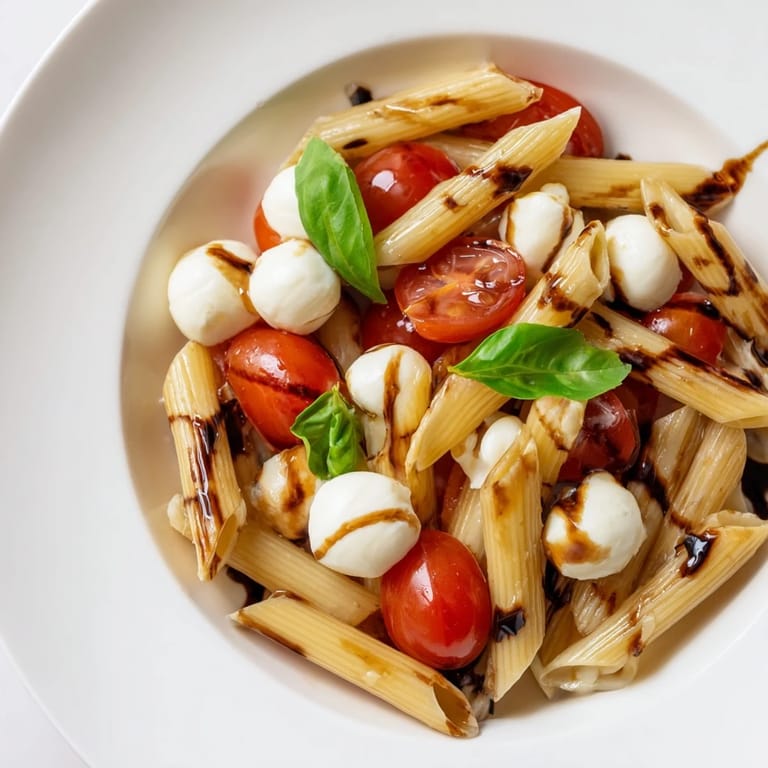 Close-up of freshly tossed Caprese Salad Pasta featuring al dente fusilli, juicy tomatoes, torn basil, and mozzarella pearls, highlighting the vibrant colors and textures.
