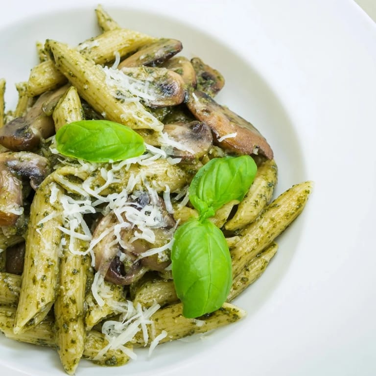Al dente penne pasta coated in rich, creamy mushroom pesto sauce, garnished with fresh basil and grated Parmesan for a satisfying vegetarian meal.