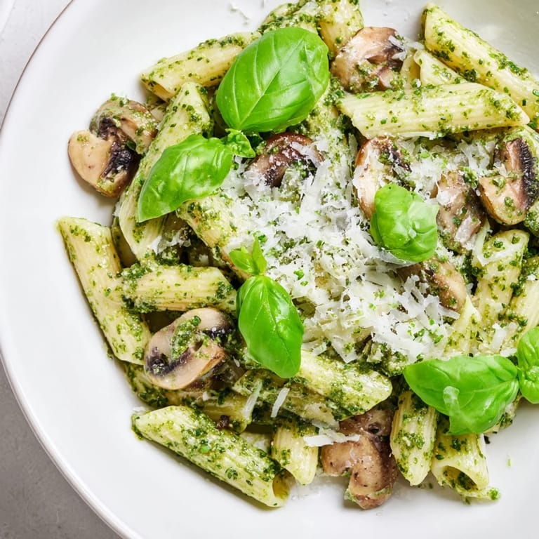 A skillet of savory mushroom pesto pasta with vibrant green basil, ready to serve as a quick, elegant main dish for busy weeknights.