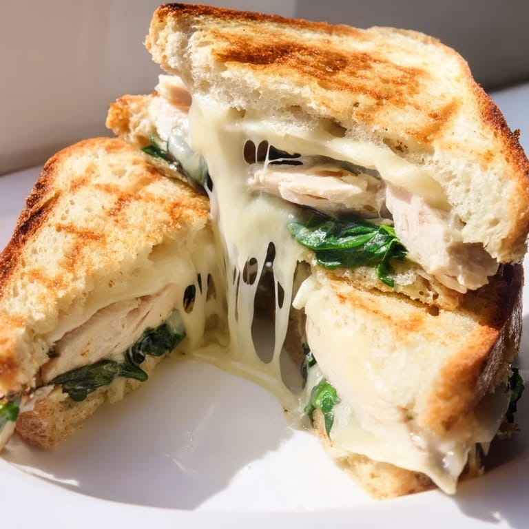 Hearty Grilled Chicken Spinach Panini, layered with fresh spinach and savory garlic butter, pressed to perfection.  