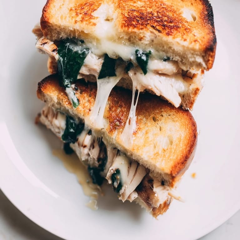 A close-up of Grilled Chicken Spinach Panini, revealing tender grilled chicken and gooey cheese inside.