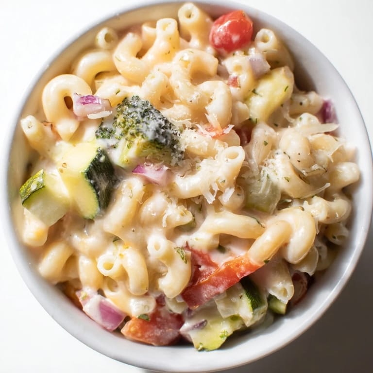 A close-up of Roasted Veggie Mac & Cheese, showcasing tender macaroni coated in a rich cheddar sauce and caramelized roasted vegetables.