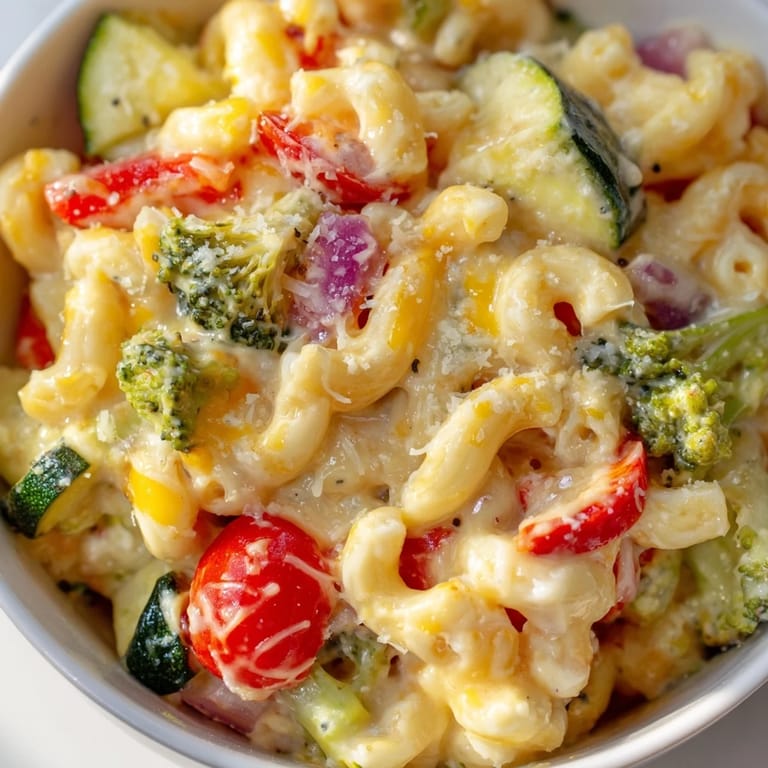 Steaming plate of Roasted Veggie Mac & Cheese with fork-twisted pasta, vibrant roasted cherry tomatoes, and a sprinkle of fresh parsley on top.