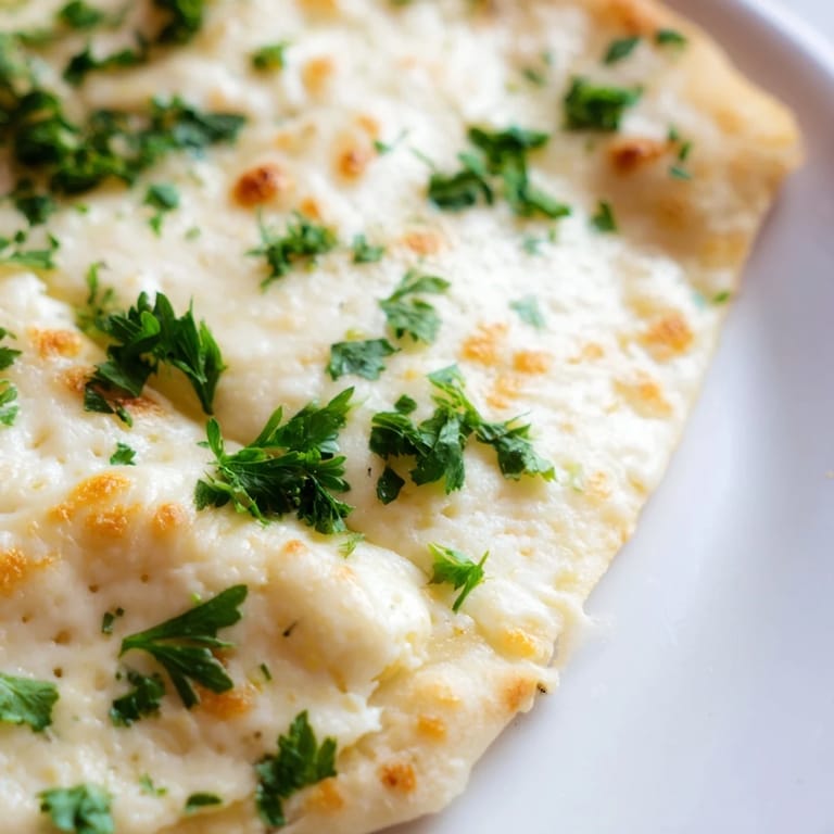 Close-up of a freshly baked Creamy Garlic White Pizza showing melted cheese and a golden edge brushed with olive oil.