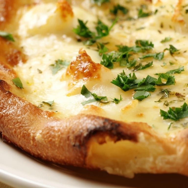 A vegetarian Italian-American dinner featuring the Creamy Garlic White Pizza with a rich Parmesan cream sauce and fresh parsley garnish.