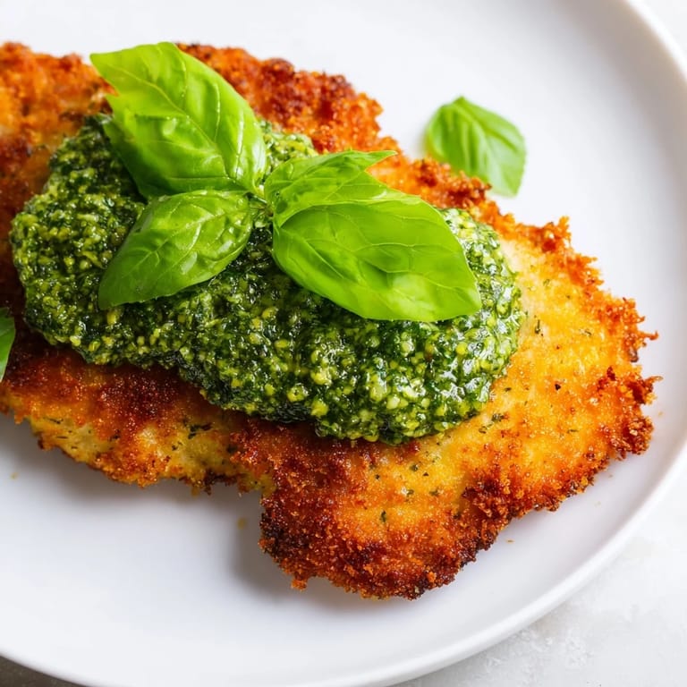 Succulent Crispy Pesto Chicken Cutlets are pan-fried to perfection and served with lemon wedges, ready for a delicious weeknight Italian dinner.