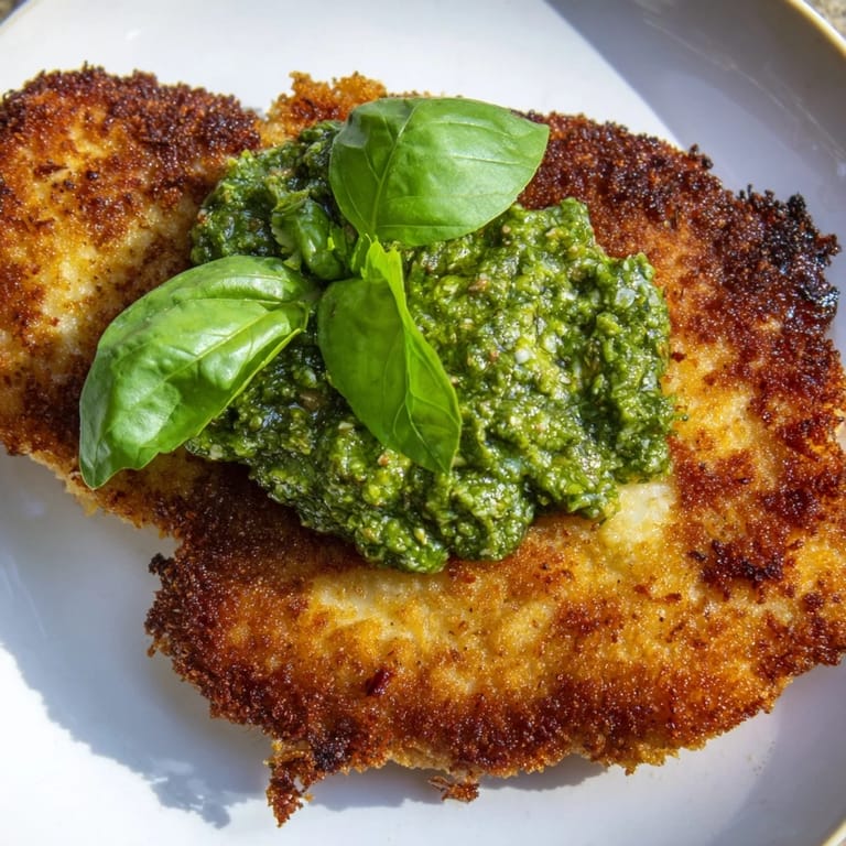 Fresh basil garnish decorates these Crispy Pesto Chicken Cutlets, highlighting the golden, crunchy breading and juicy interior on a rustic wooden table.