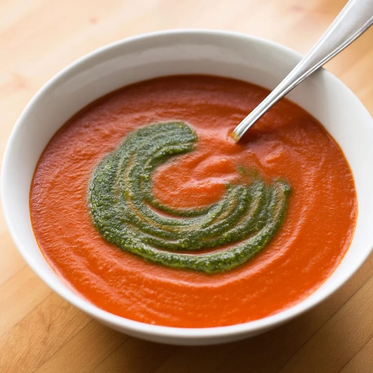 Steaming bowl of creamy Tomato Soup with Basil Pesto Swirl, perfect for a cozy vegetarian dinner pairing with grilled cheese.