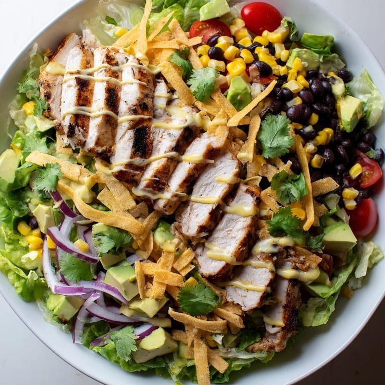 A close-up of honey lime chicken taco salad garnished with cilantro, red onion, and crunchy tortilla strips, drizzled with a zesty lime dressing.