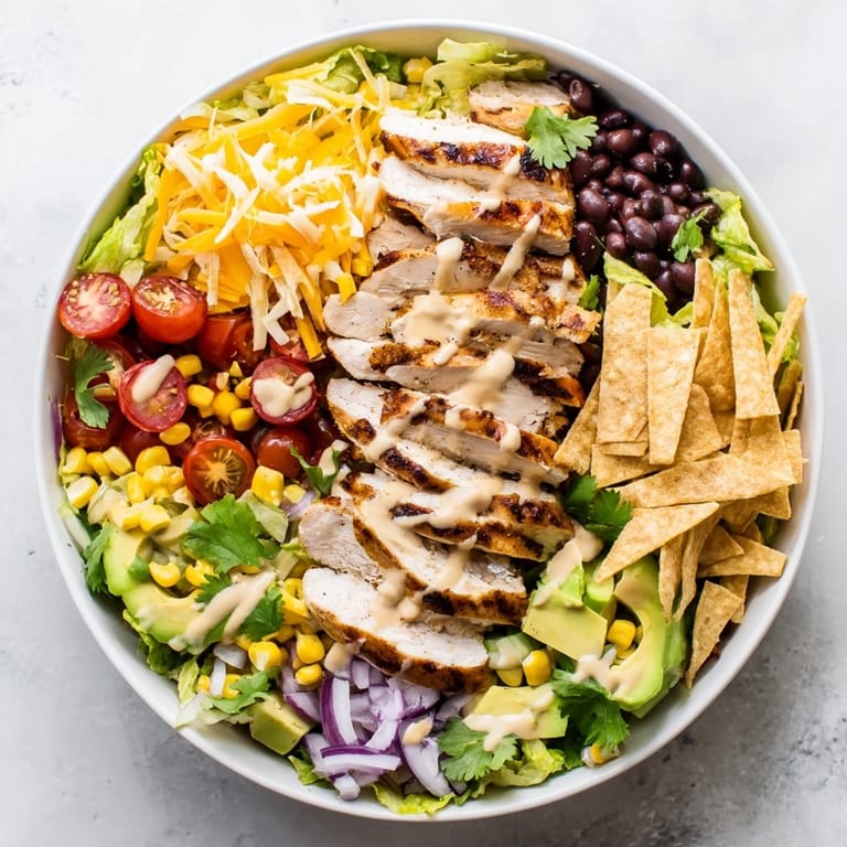 Vibrant bowl of honey lime chicken taco salad with cherry tomatoes and melted cheese, ready to serve for a refreshing Mexican-American dinner.