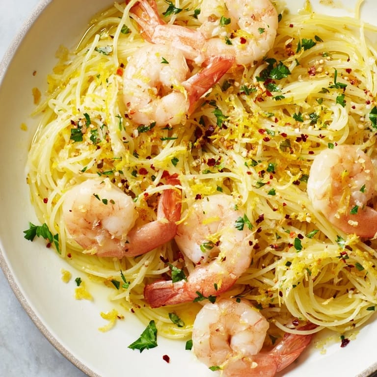 A vibrant close-up of Lemon Butter Shrimp Pasta Lite, highlighting golden-brown shrimp nestled in silky, citrus-infused angel hair.  