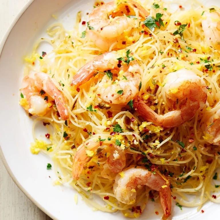 Delicate angel hair pasta coated in zesty lemon butter sauce, topped with juicy sautéed shrimp and a sprinkle of fresh parsley.