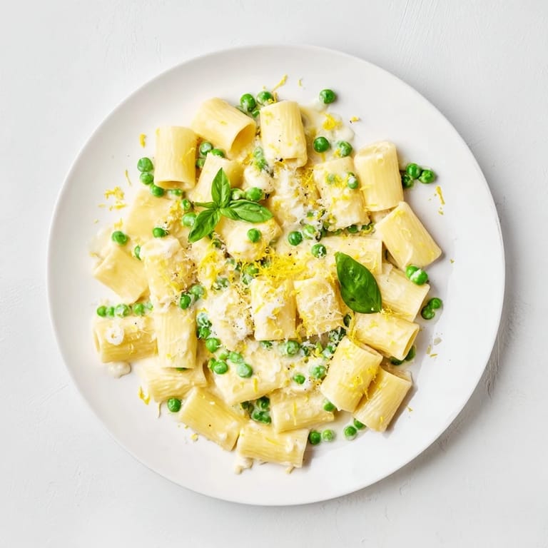A close-up of pea and lemon ricotta pasta shows glossy, velvety sauce clinging to rigatoni and sweet green peas.  