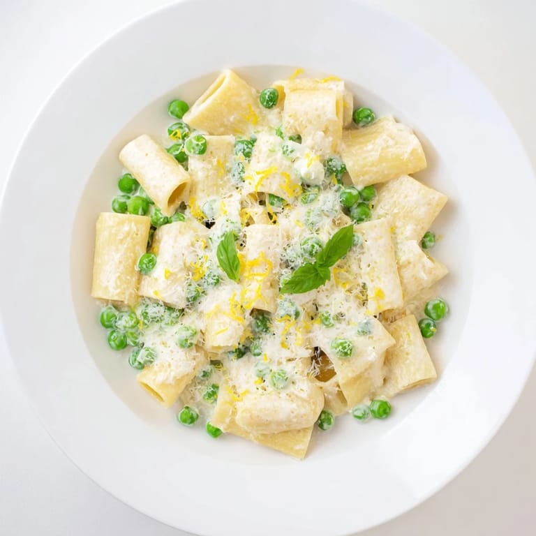 Vibrant spring pea and lemon ricotta pasta is served with extra Parmesan and lemon zest, perfect for a quick vegetarian dinner.