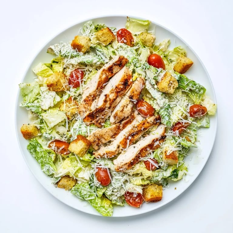 Yogurt Caesar Grilled Chicken Salad is served with cherry tomatoes and croutons, ready for a light lunch.  