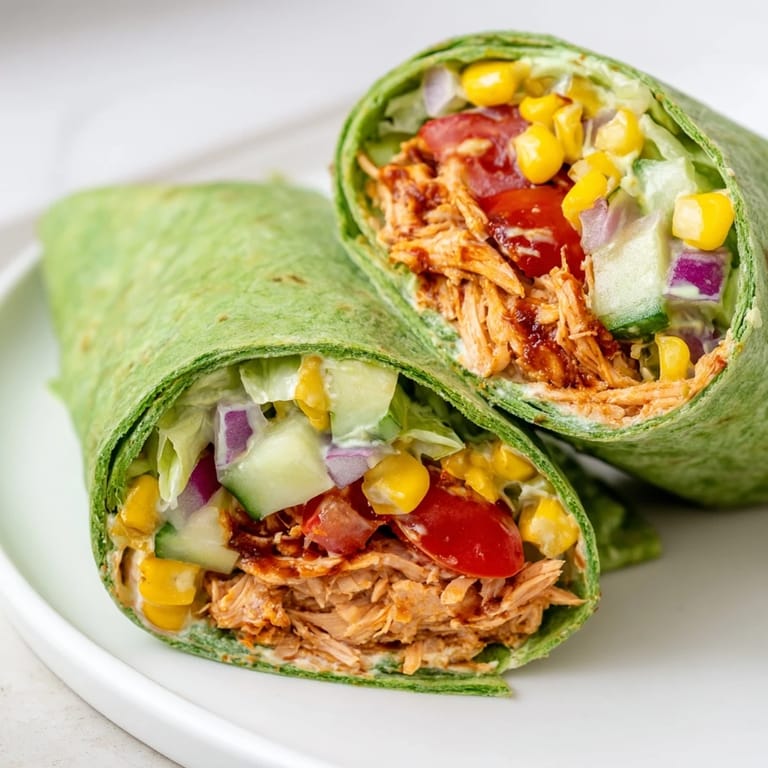 Sliced halves of a BBQ Chicken Salad Wrap showing crisp veggies and creamy dressing.