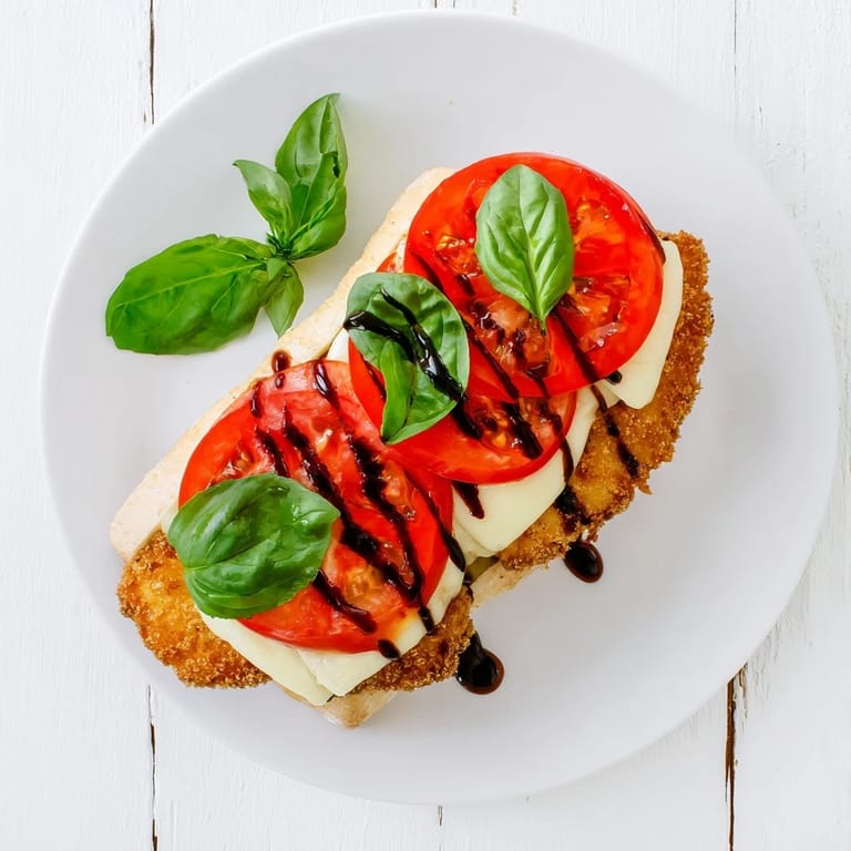 A close-up of a Crispy Chicken Caprese Sandwich showing juicy tomato slices, basil leaves, and melted mozzarella.  