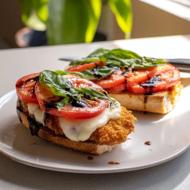 The Crispy Chicken Caprese Sandwich stacked on a plate with balsamic drizzle and a side of mixed greens.