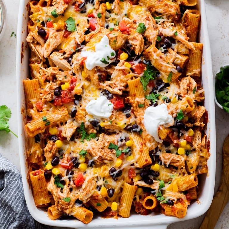 Steam rises from melted cheddar and Monterey Jack in this Tex-Mex Chicken Burrito Pasta Bake fresh from the oven.