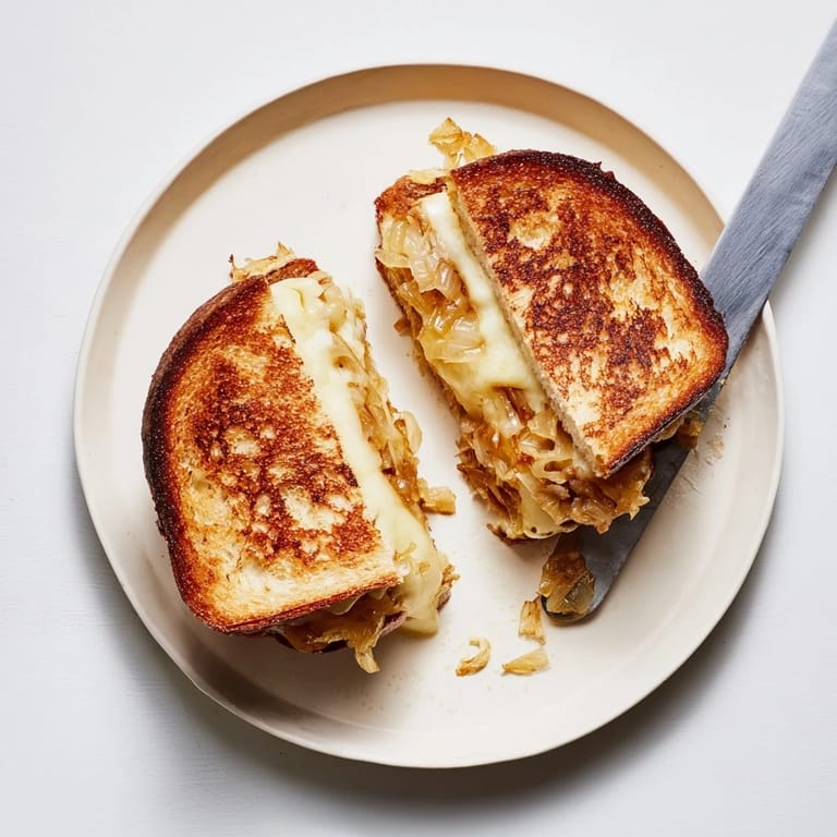 A close-up of a gourmet Caramelized Onion & Gruyère Grilled Cheese sandwich, featuring crispy bread and nutty, melted Gruyère.
