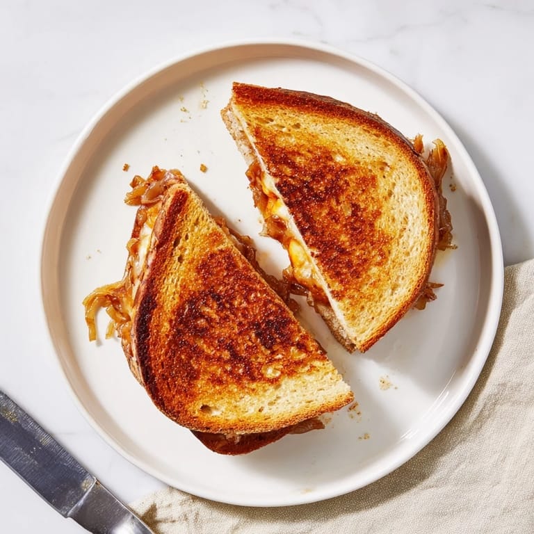 Two halves of a warm Caramelized Onion & Gruyère Grilled Cheese sandwich resting beside a fresh green salad for lunch.