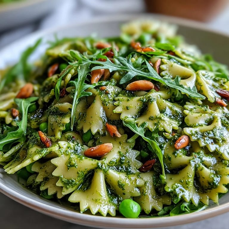Tempting bowl of Spring Green Pesto Pasta Salad, perfect for sunny picnics.