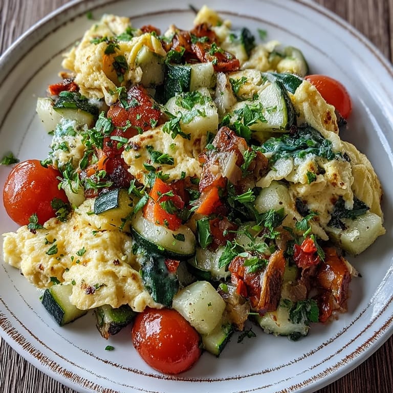 Perfectly cooked egg and vegetable scramble with zucchini and red onion, ready to be enjoyed for brunch.