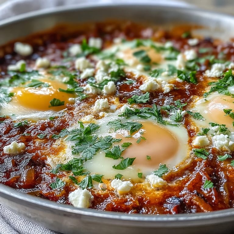 A close-up view of bubbling shakshuka with runny yolks and crumbled feta, ready to be scooped up with warm pita.  