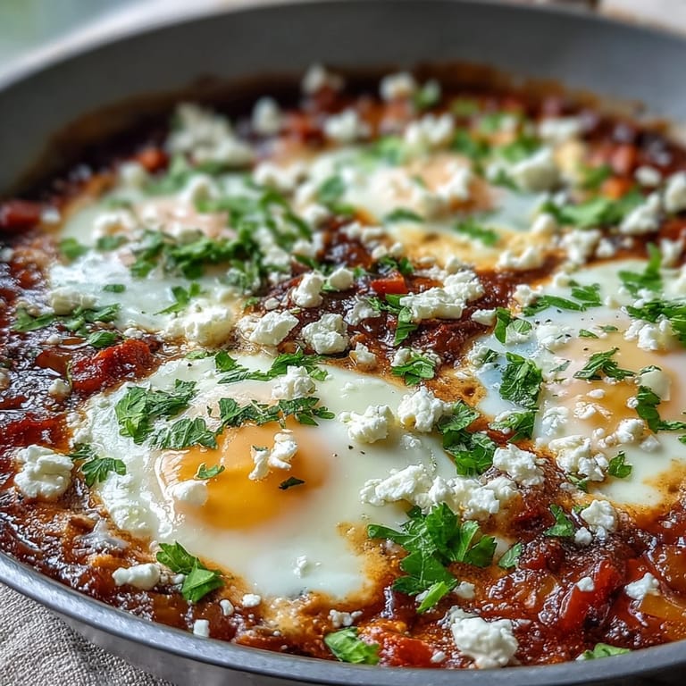 Shakshuka served hot in a cast-iron pan, topped with fresh cilantro, offering a savory Middle Eastern breakfast idea.