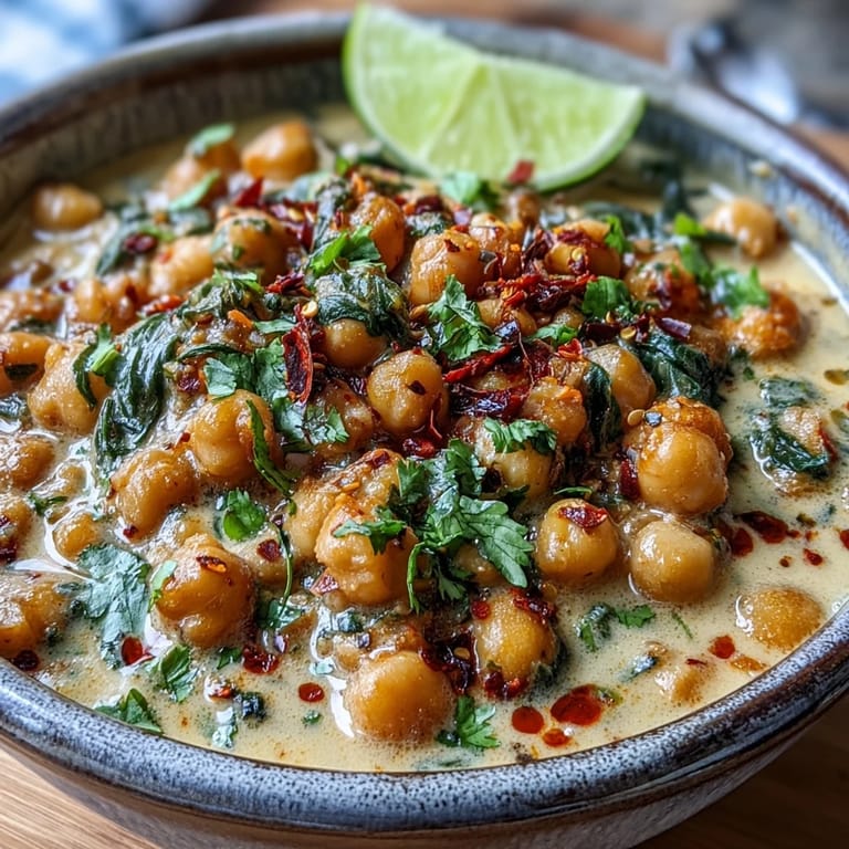 Golden chickpeas nestled in a vibrant, aromatic curry sauce with baby spinach, garnished with fresh cilantro and a lime wedge on a white ceramic bowl.