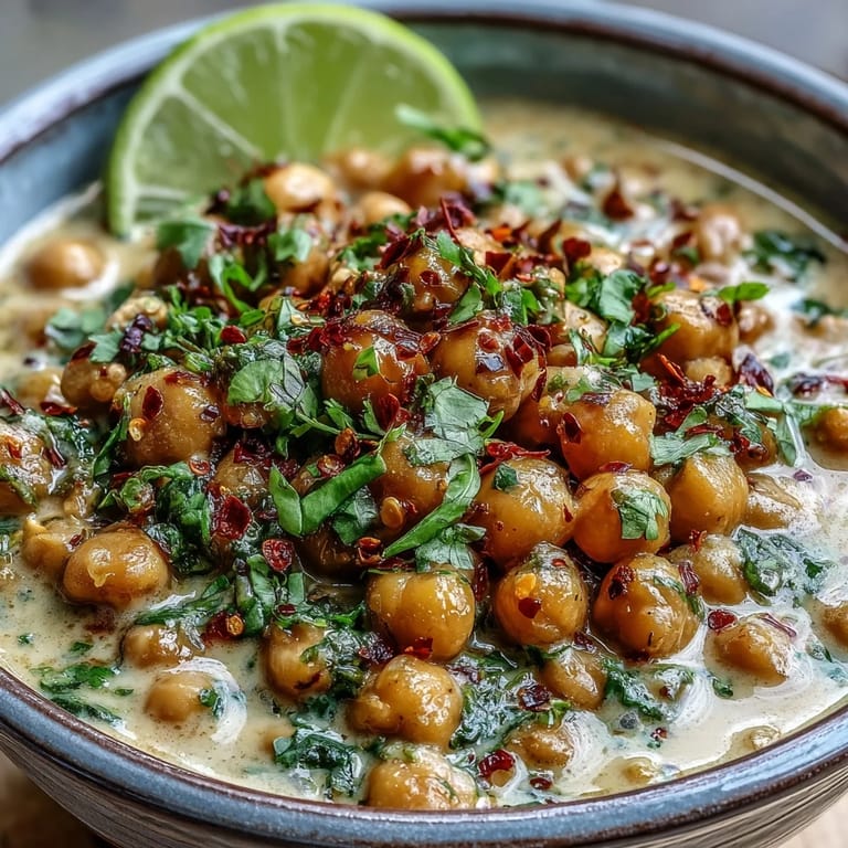 A bowl of spiced chickpea curry with coconut milk, diced tomatoes, and fresh cilantro, paired with naan bread on the side for a comforting dinner.