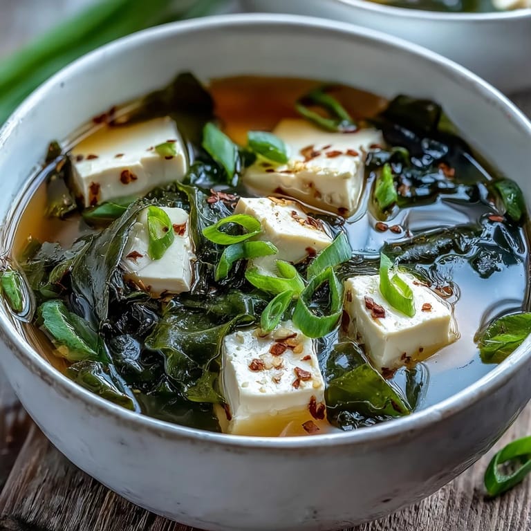 A close-up view of homemade Miso Soup With Tofu, highlighting the creamy texture of the silken tofu against the savory broth.  