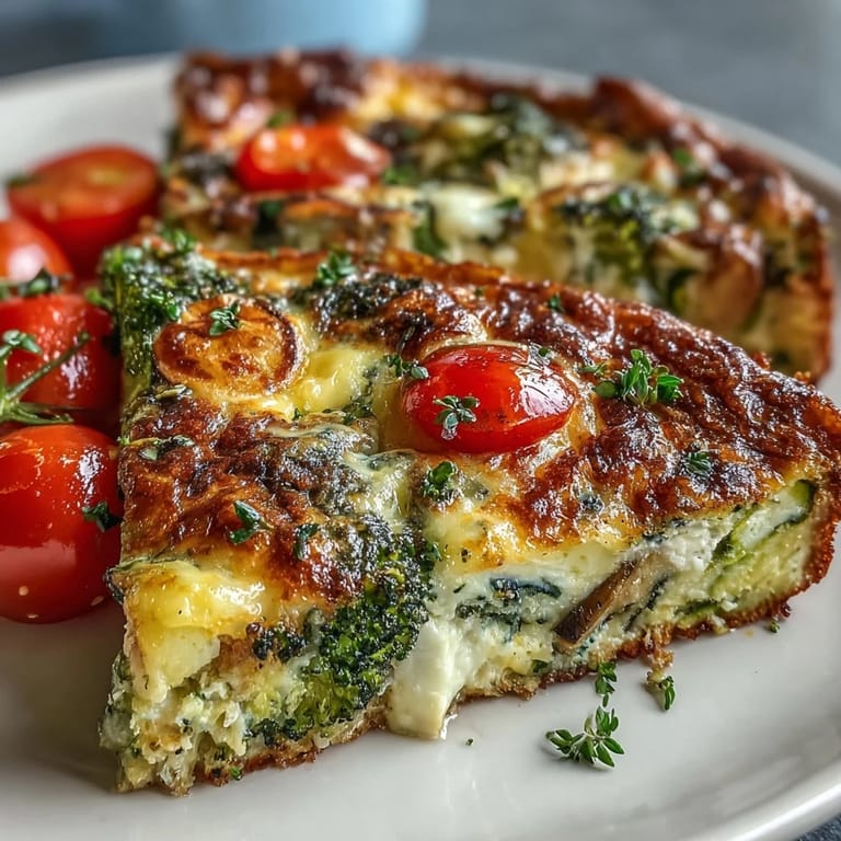 Sliced Vegetable Frittata revealing fluffy egg layers and colorful broccoli, peppers, and tomatoes on a white ceramic plate.