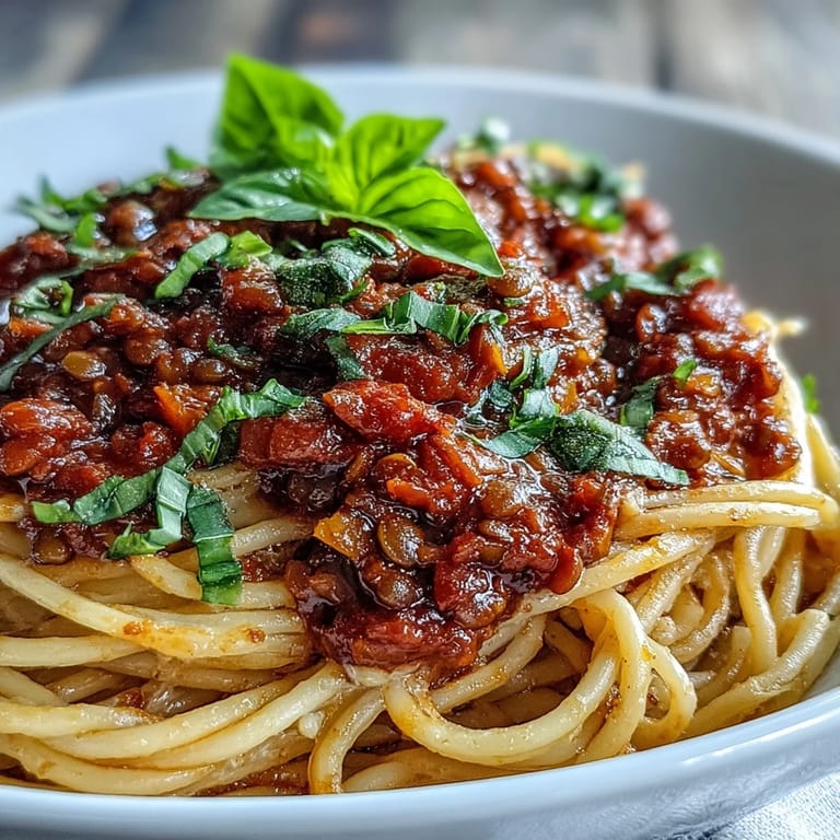 Close-up of a fork twirling pasta coated in savory Lentil Bolognese, topped with fresh parsley.