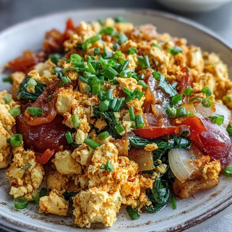 Sizzling Tofu Scramble cooking in a skillet with golden turmeric spices, diced tomatoes, and onions, ready for a quick and flavorful brunch.
