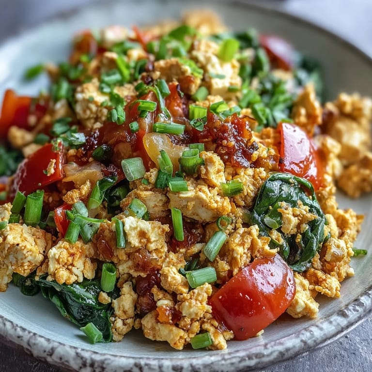 Close-up of a bowl of Tofu Scramble topped with herbs and nutritional yeast, highlighting the fluffy texture and colorful vegetable mix.
