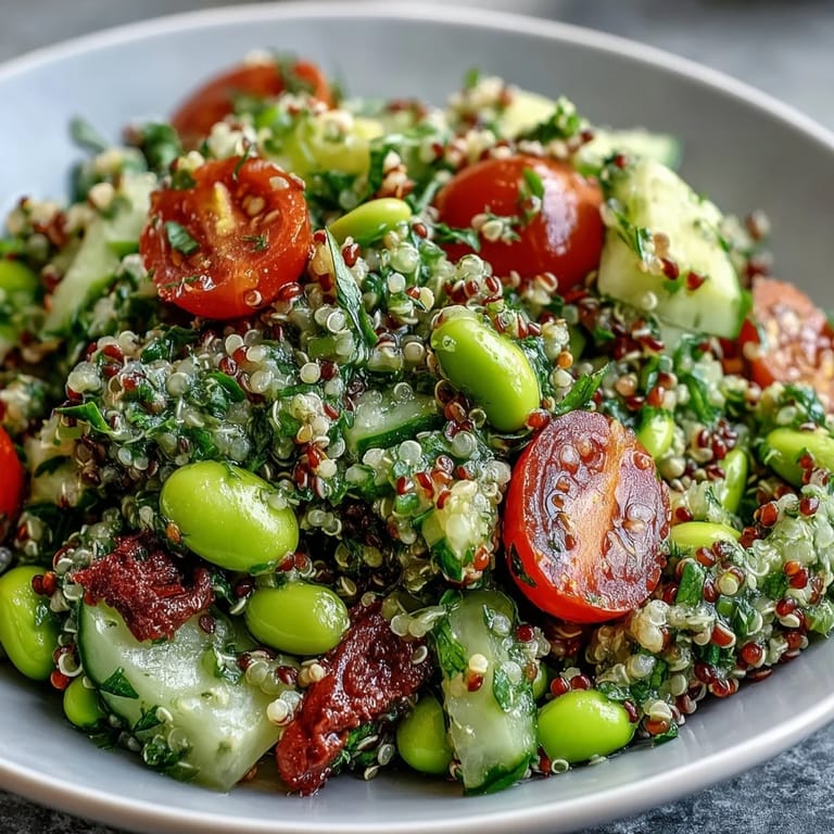 Close-up of Edamame and Quinoa Salad featuring fluffy quinoa, tender edamame, and colorful vegetables, ideal for a vegetarian side dish.