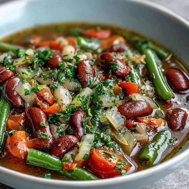 Close-up of vibrant Three-Bean Salad Soup simmering in a pot, showcasing diced red bell peppers and onions with beans in a rich, savory broth.