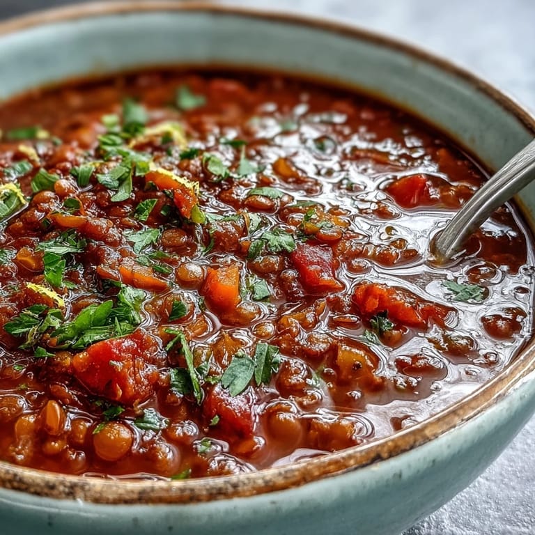 Homemade Tomato Lentil Soup simmering in a pot, showcasing vibrant red broth with carrots and celery.