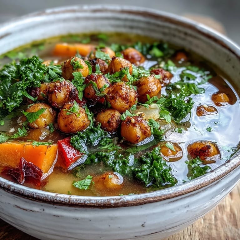 Spiced Chickpea and Vegetable Soup garnished with fresh cilantro and lemon wedges, served alongside crusty bread for dipping.