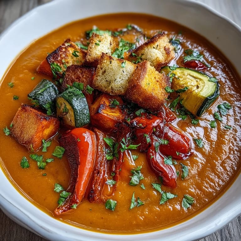 Served alongside crusty bread, this comforting Roasted Vegetable Soup features a golden drizzle of olive oil and fresh herbs.