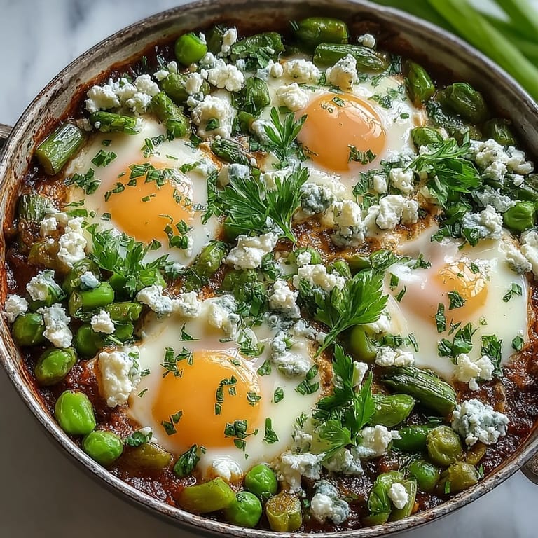 A skillet of Pea and Broad Bean Shakshuka topped with runny-yolk eggs, crumbled feta, and fresh parsley for brunch. 