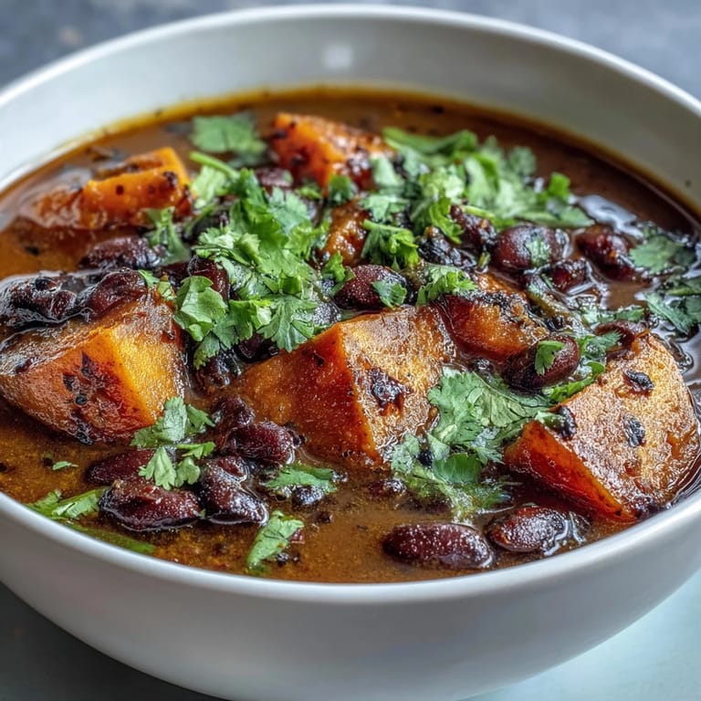 A vibrant bowl of Sweet Potato and Black Bean Soup topped with fresh avocado and cilantro.