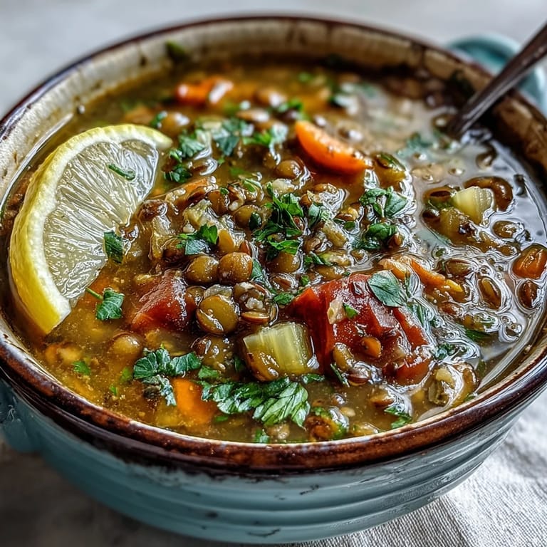 Spoon lifting a serving of nourishing Mung Bean Soup, showcasing turmeric-spiced broth and diced veggies.