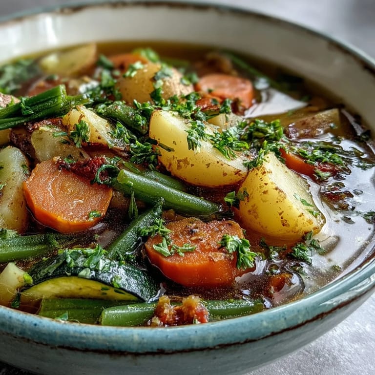 A ladle lifts a serving of Potato and Vegetable Soup into a rustic bowl, garnished with fresh parsley.