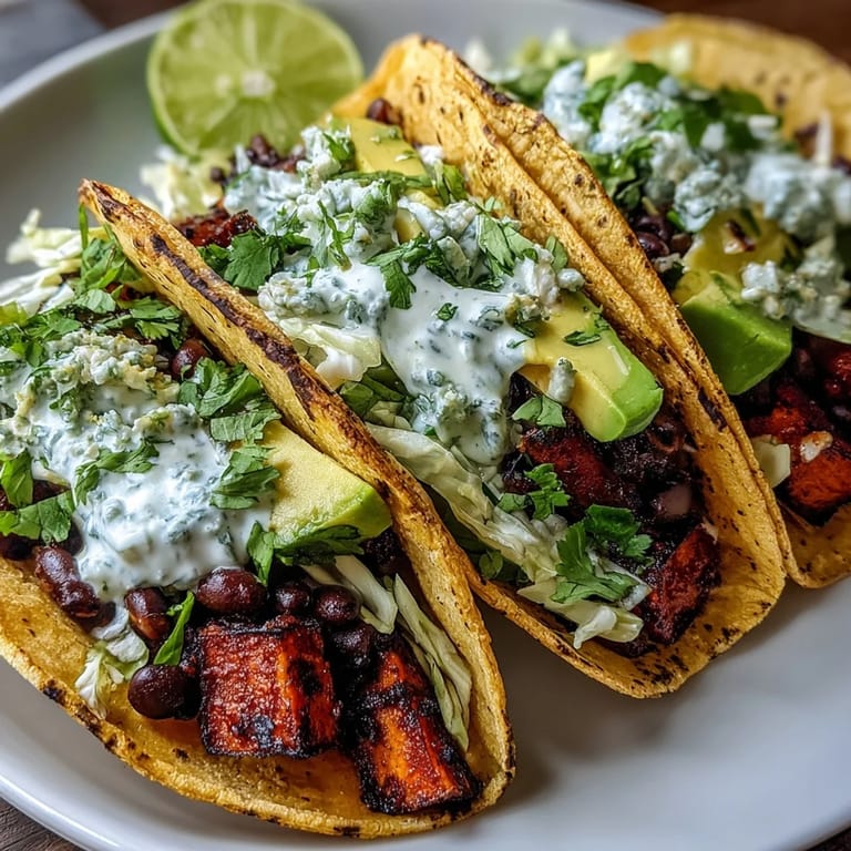 Hearty Black Bean and Sweet Potato Tacos with roasted sweet potatoes and black beans, served with lime wedges and creamy vegan toppings.