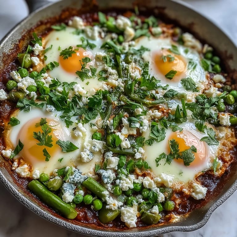 Close-up of Pea and Broad Bean Shakshuka highlighting tender asparagus and a lightly spiced, chunky tomato stew.