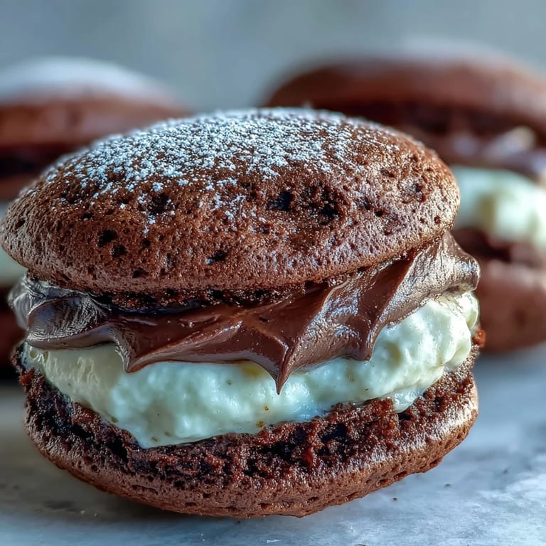 Homemade Tiramisu Whoopie Pies lined up on a wire cooling rack, ready for a dusting of cocoa powder.
