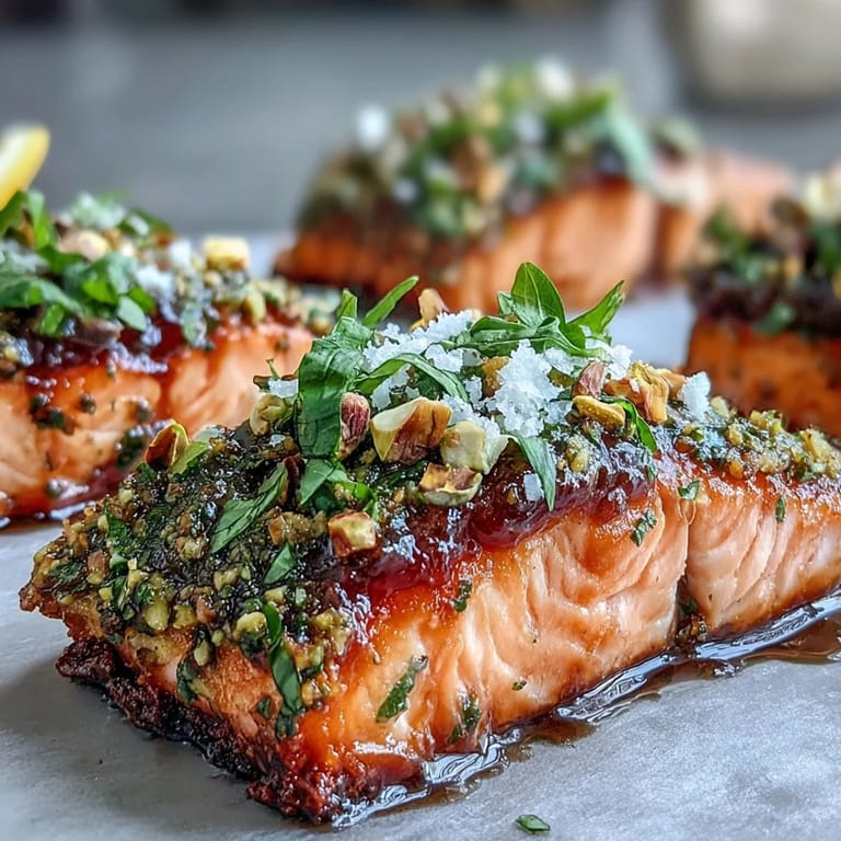 Golden-baked Confit Salmon With Tahini, Pistachio and Herb Crust plated with lemon wedges, ready for a weeknight Mediterranean dinner.