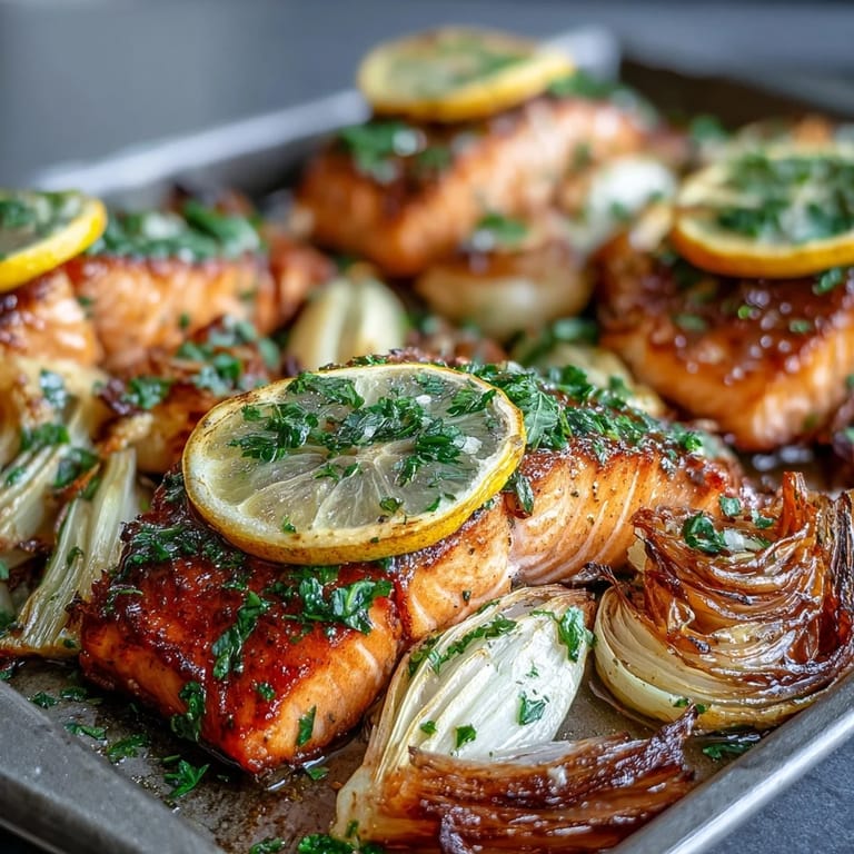 Close-up of a succulent One-Pan Roast Salmon fillet, garnished with fresh parsley and lemon slices, ready for a healthy weeknight dinner.
